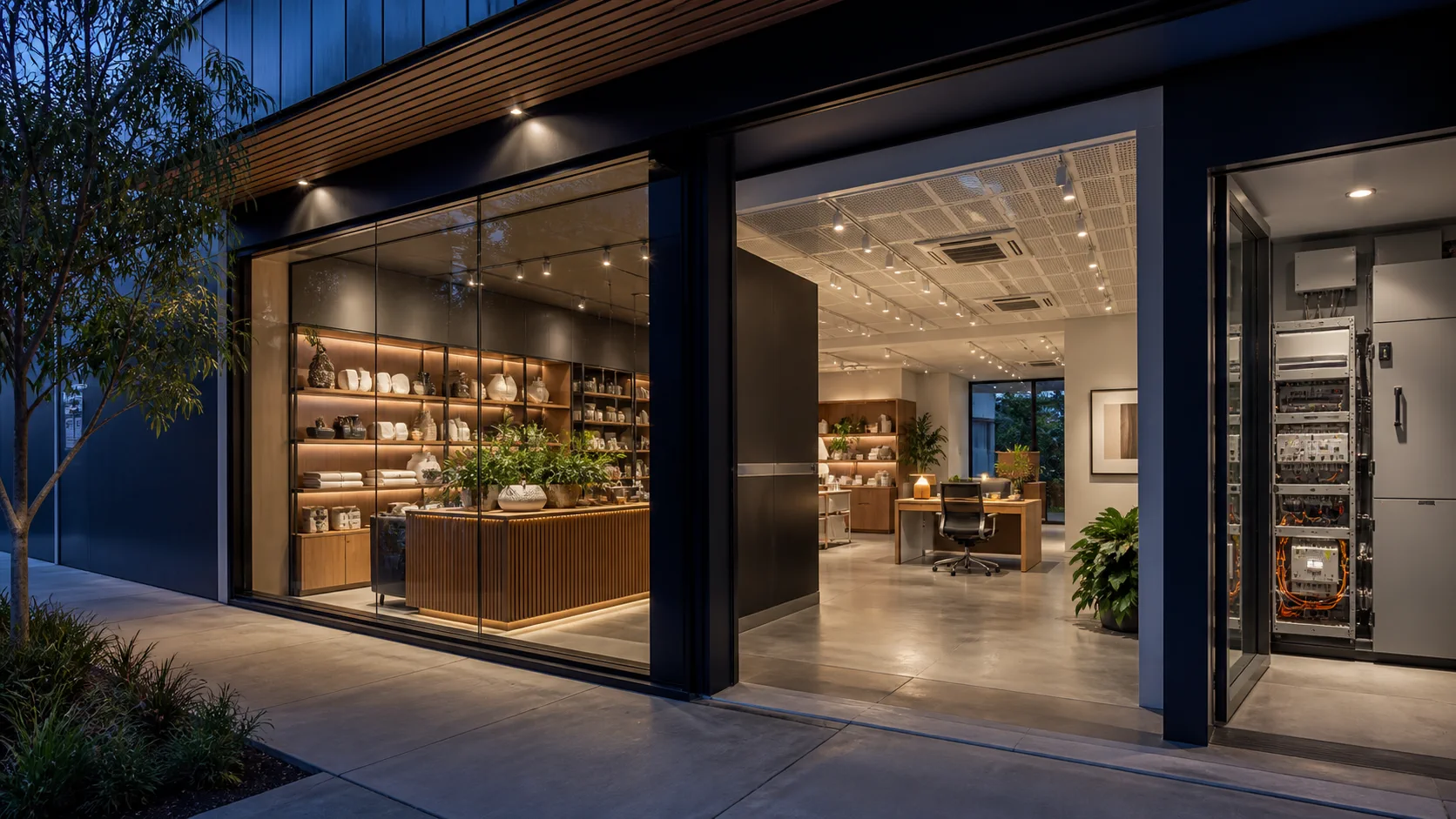 Modern commercial interior with structured ceiling lighting