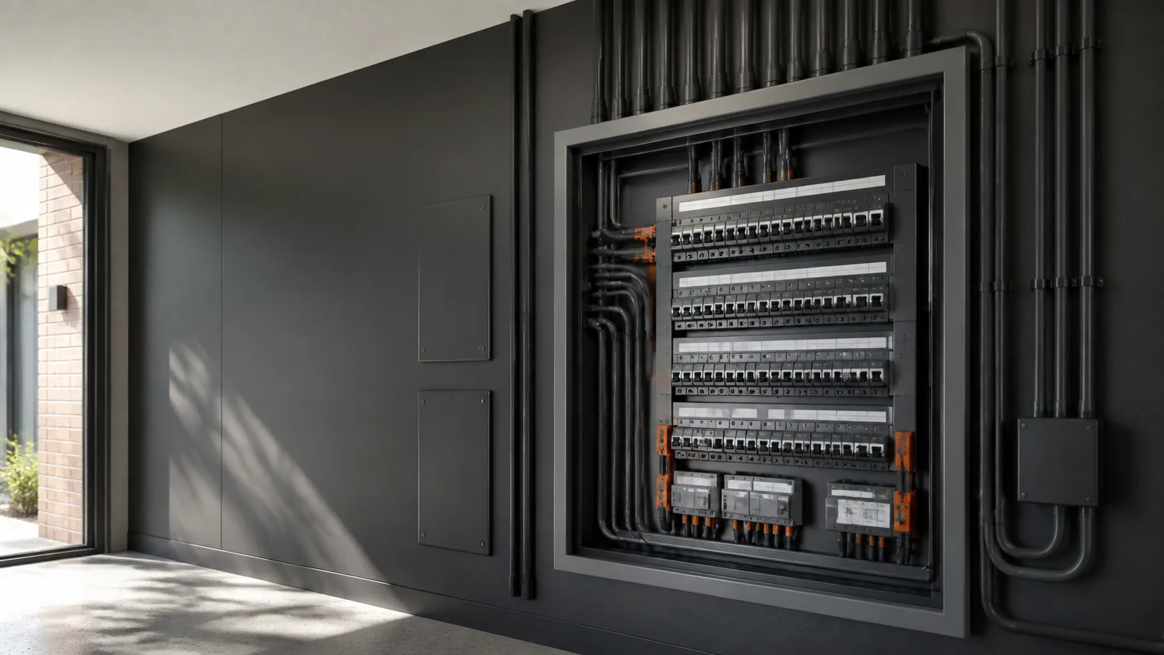 Organised modern electrical switchboard in a clean installation setting